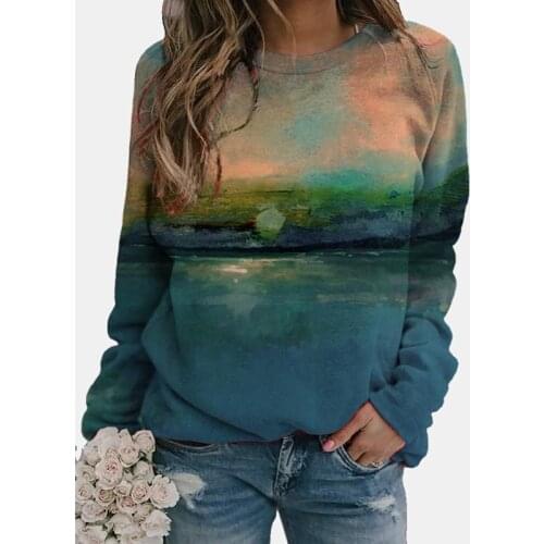 Landscape Animal And Dandelion Printing Woman Tshirts Long Sleeve O-Neck Pullover Tops T-Shirts Loose Casual Top Women Clothes