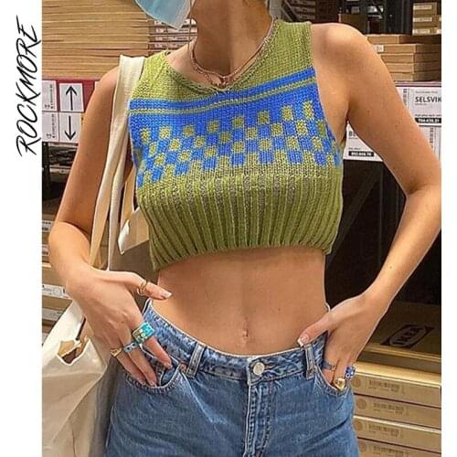 Rockmore Vintage Knitted Crop Top Print V Neck Tank Top Women Streetwear Casual Sexy Camis Female y2k Aesthetic Tee Summer Korea