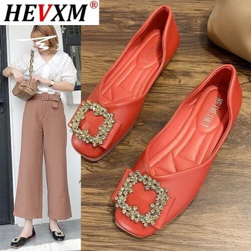 2021 Women Flats Patent Leather Boat Shoes Square Toe Slip on Shoes Ladies Loafer Metal Crystal Flat Shallow Female Shoes Red