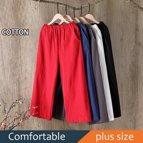 Spring 2021 Womens Pants Cotton Linens Solid Harajuku High Waisted Capri Pants Streetwear Women Wide Leg Trousers for Female