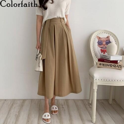 Colorfaith 2021 Womens Skirts Summer Autunm Vintage High Waist Pocket Elegant Lace Up Korean Style Flare Lady Long Skirt SK2102