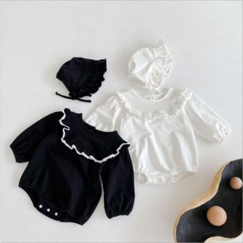 Newborn Girls Jumpsuits Clothes 2021 Autumn Baby Lotus Leaf Collar Rompers + Hat Long Sleeve Baby Rompers Outfit