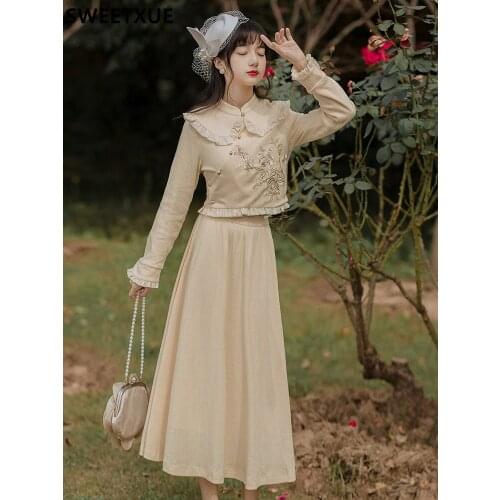 SWEETXUE Modern Women 2 Piece Set Spring Vintage Pan Peter Collar Embroidery Lady Tops & Long Skirt Fashion Outfits