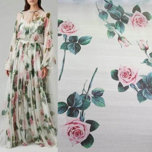 145cm Width White Back Rose Printed Thin Chiffon Fabric for Woman Girl Summer Long Dress Blouse Silk scarf DIY Sewing