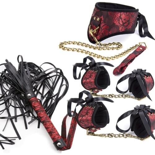 5Pcs/Set Sex Bondage Kit Slave Adult Games Toys fatansy Hand Cuffs Ankle cuff Whip brass chain Frisky Erotic Toys for couples
