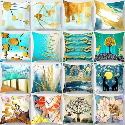 Cushion Cover 45*45 Gold Pattern And Elk Printed Sofa Cushions Pillow Cases Polyester Pillowcase Pillow Covers KD-0396