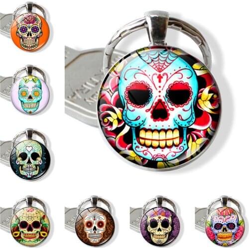 NEW Fashionable Colorful Sugar Skull Keychain Gothic Punk Round Glass Pendant Keychain Day of The Dead Jewelry Holiday Gift