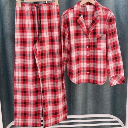 New style cotton ladies long-sleeved trousers pajamas suit, comfortable soft sexy pajamas, home wear, red check pajamas