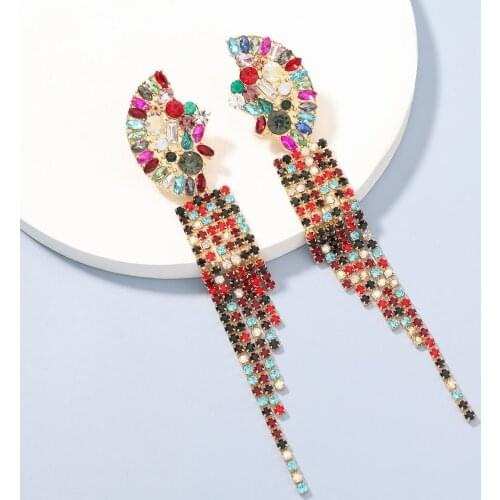 Pauli Manfi Fashion Half Moon Shaped Metal Rhinestone Long Tassel Earrings Womens Popular Banquet Jewelry Accessories