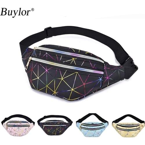 Buylor Waist Pack Holographic Women Fanny Pack Female Silver Pink Fashion Geometric Banana Belt Bags Laser Chest Phone Pouch