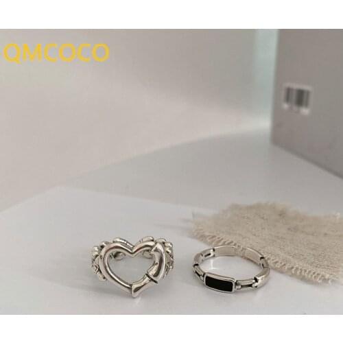 QMCOCO S925 Sterling Silver Finger Rings For Women Couples New Fashion Creative Hollow LOVE Heart Chain Geometric Jewelry