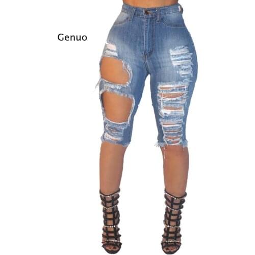 New Sexy Women Ladies Denim Skinny Ripped Shorts High Waist Hole Destroyed Draped Stretch Bodycon Jeans Slim Shorts