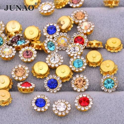 JUNAO 8 10 12 14mm Mix Color Round Flower Glass Rhinestones with Setting Flat Back Gold Claw Crystal Strass Sewing Crystal Stone