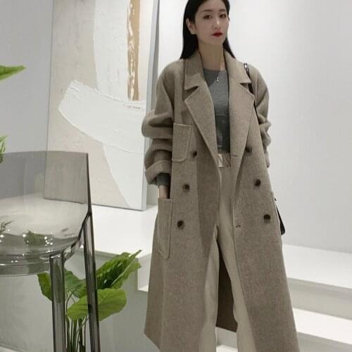 Loose mid-length suit collar double-sided woolen cloth for autumn and winter new double-breasted coat long coat women