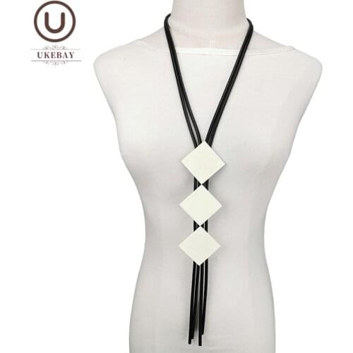 UKEBAY New Square Wood Pendant Necklaces For Women Rubber Necklace Handmade Jewelry Long Statement Jewellery Clothes Accessories
