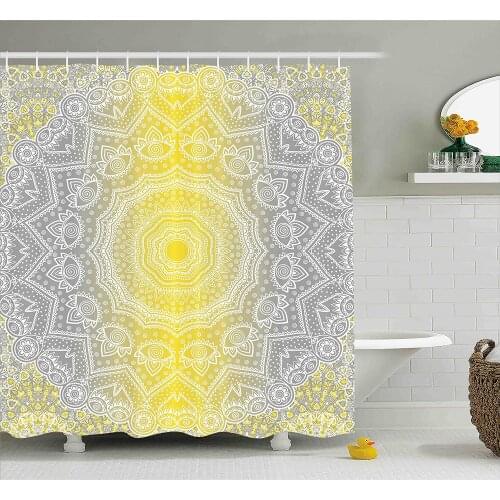 Grey and Yellow Shower Curtain Mandala Ombre Tribal Boho with Spiral Round Ancient Floral Print Bath Curtains for Bathroom Decor