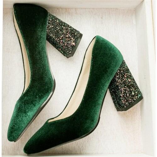 Women Pumps Velvet High Heels Ladies Shoes Elegant Pointed Toe Wedding Female Dress Shoes Green Spring Block Heel Slip on Pumps