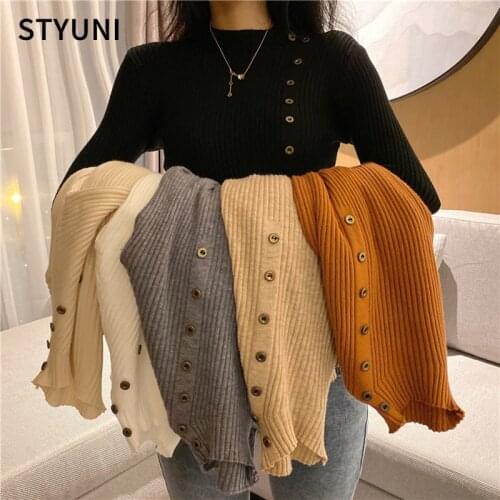 Woman autumn winter half high neck button elasticity knitted sweater bottoming shirt loose pullover full sleeve sweaters women