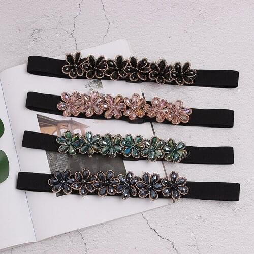 Glass Rhinestone Women Waist Belt Green Pink Crystal Flower Waistband Elastic Strechy Strap Fashion Ladies Dress Corset Belts