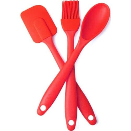 3Pcs Red Heat Resistant Silicone Cooking Tools Baking Pastry Tools Spatula Spoon Turner BBQ Oil Brush Cake Scraper Buttter Mixer