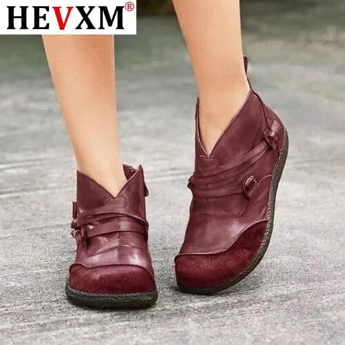 Ankle Boots Women Retro Soft PU Leather Flats Shoes Casual Buckle Zipper Round Toe Short Boots New 2020 Autumn Winter Boots Girl
