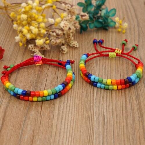 Couple Bracelet Bohemian Ethnic Rainbow Enamel Beads Glass Rice Beads Handmade Beaded Jewelry Couple Mens Wrist Bracelet