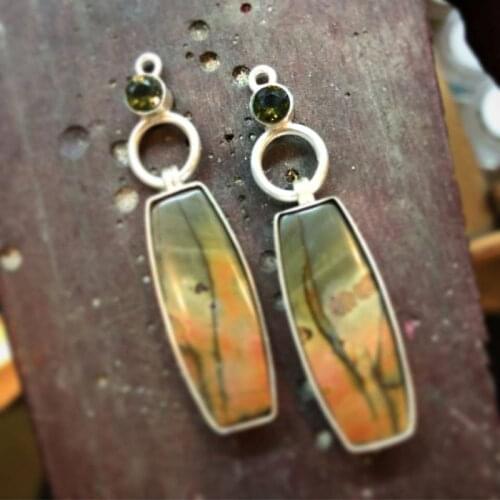 Colorful Stone Geometric Hoop Circle Drop Dangle Pendant Earrings Vintage Art Painting Oval Enamel Jewelry Silver Color Earrings