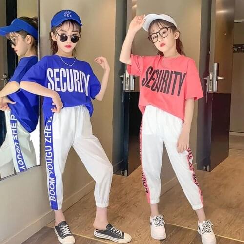 2021 Childrens Wear 4 6 8 9 13Y Clothing Set Summer Girls Suits Fashion Letter Print Blue T Shirt + Casual Pants Kids Teenager