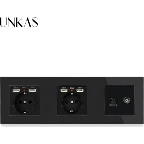 UNKAS EU Standard Black Glass Panel Double Socket with 4 USB Charging Port + RJ11 Telephone Connector + TV Connector