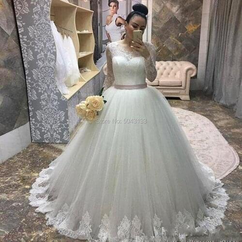 Elegant Ball Gown Lace Long Sleeve Princess Wedding Dresses 2020 White Applique Long Sashes Corset Back Bridal Gowns Formal