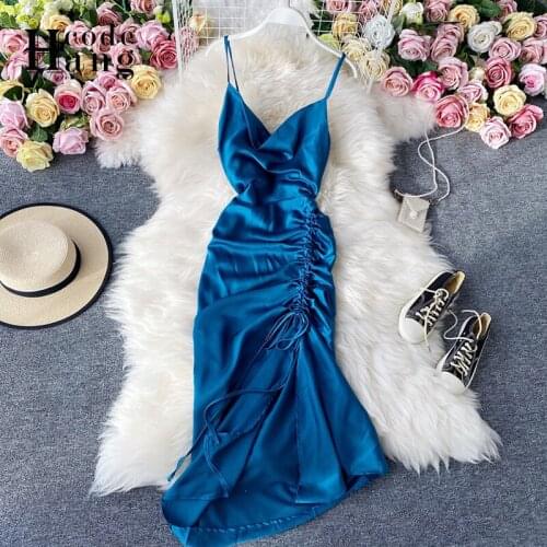 HangCode Good Quality Comfy Satin Spaghetti Strap Dress Women Fashion V-neck Backless Sexy Split Ruched Bodycon Party Dress