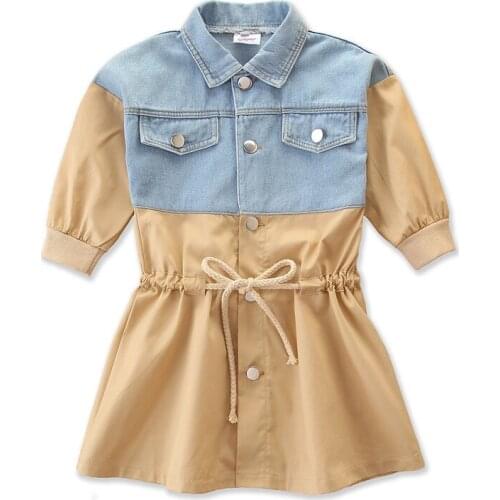 Fashion Girl Dress 2021 Spring Fall Korean Style Demin Patchwork Princess Dresses Long Sleeve Drawstring Vestidos Kids Clothing