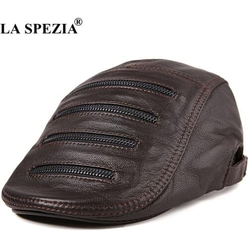 LA SPEZIA 2021 New Fashion Flat Cap Men Brown Adjustable Duckbill Hat Male Genuine Leather Multi Zipper Spring Autumn Cabbie Cap