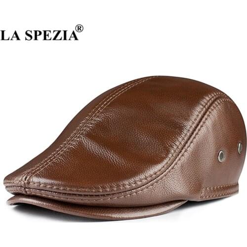 LA SPEZIA Cowskin Mens Beret Real Leather Flat Cap Brown Earflaps Warm Autumn Winter Gatsby Driver Ivy Hat Newsboy