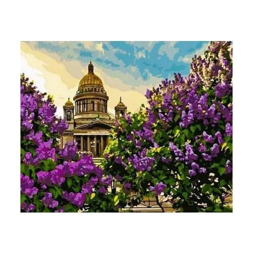 St. Isaacs Cathedral and lilac in the spring Digital Diy oil painting by numbers wall decor on canvas oil paint coloring