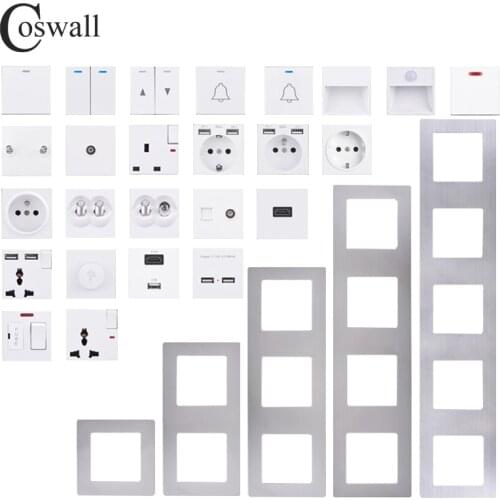 COSWALL S08 Series Silver Stainless Steel Vertical Panel White Wall Switch EU Socket USB HDMI-compatible TV RJ45 DIY Module