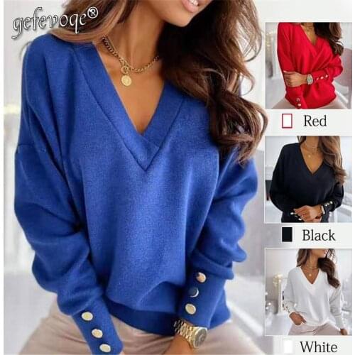 Autumn Lady Winter New Fashion Knitwear Women V Neck Long Sleeve Casual Streetwear Solid Button Knitted Pullover Sweaters Jumper