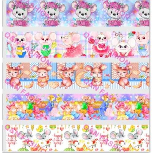 Q&N ribbon 50Yards 16mm - 75mm Cute Mouse cartoon animal Grosgrain/FOE Ribbons for DIY Bow Craft Wedding Easter egg Decoration
