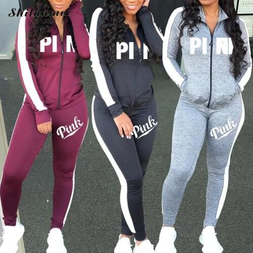 New Pink Letter Print Sporty 2 Piece Set Women Zip Sweatsuit Casual Outfit Sportwear Long Sleeve Coat Sweatpants Tracksuit Suits