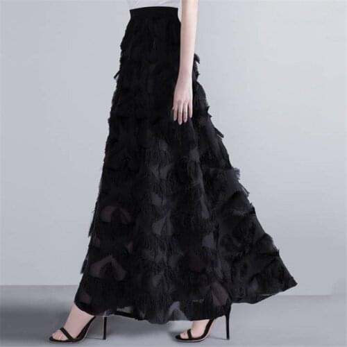 New Autumn Long Skirt Women Spring Feather Tassel Maxi Skirts Female Elegant Runway Skirt Maxi Party Jupe Faldas Largas Mujer