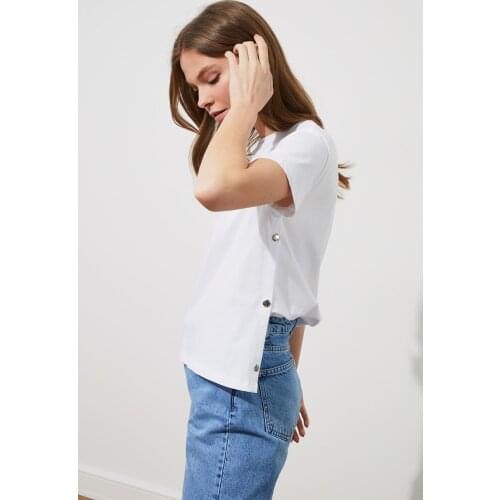 Womens Summer Fashion Ecru White Sides Snaps Knitted T-Shirt Special Design Modern