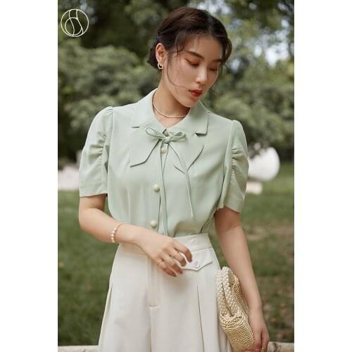 DUSHU Loose Office Lady Womens Improved Petal Neck Shirt Summer 2021 New Fresh Green Bandage Retro Puff Sleeve Women Shirt