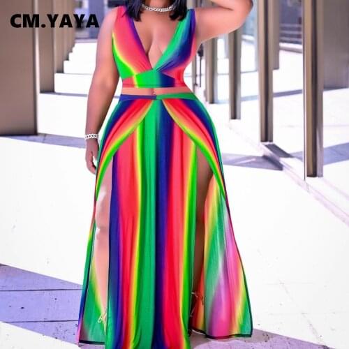 CM.YAYA Women Skirts Set Striped Sleeveless V-neck Tops Elastic Waist Splited Long Skirts 2 Piece Set Office Lady Sexy Outfit