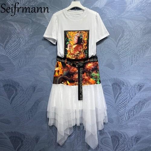 Seifrmann New 2021 Summer Women Fashion Runway Skirts Set Short Sleeve Print Tees + High Waist Mesh Asymmetrical Skirts Suits