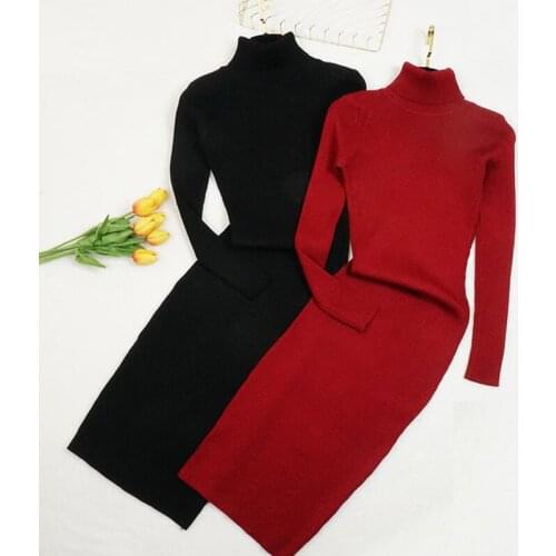 Turtleneck Women Dress 2019 Autumn Winter Women Knitted Dress Long Sleeve Slim Bodycon Bottoming Sweater Dresses Vestidos