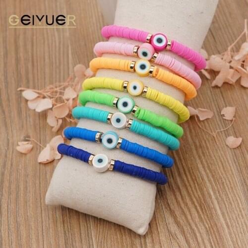 2021 Turkish Evil Eye Bracelet Polymer Clay Beads Greek Lucky Eye Braclets Heishi Bracelets for Women Color Weave Beach Jewelry