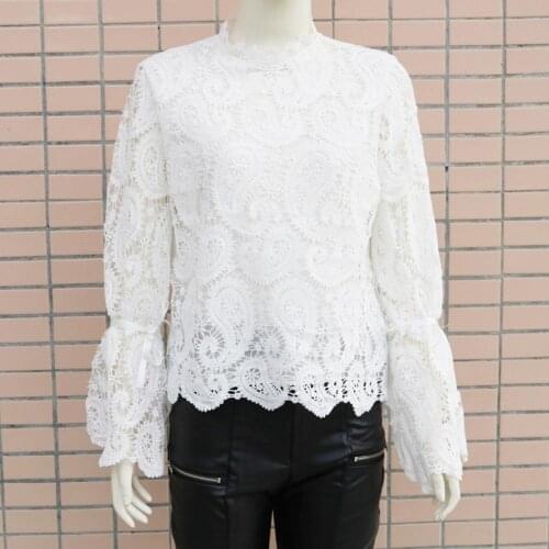 Loose Sexy Hollow Blouse Women Lace Long Sleeve O-neck Blouse All-match Trendy Holiday Top Chic Elegant Lady Clothes Streetwear