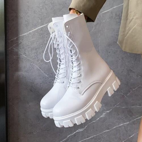 Womens Martens Boots PU Leather White Ankle Boots Autumn Winter Motorcycle Boots Fashion Female Chunky Heel Platform Boots