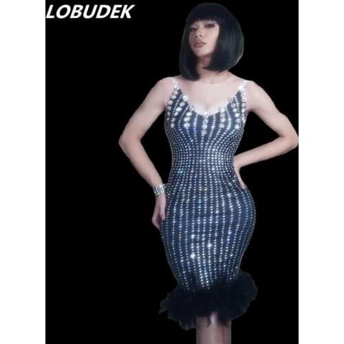 Black Rhinestones Feather Skinny Dress Sexy Big Stretch One Piece Dance Wear Nightclub Bar Show Evening Birthday Celebrate Dress