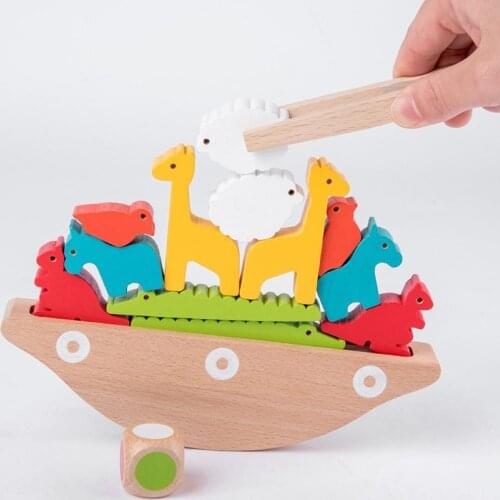 Kids DIY Wooden Animal Blocks Balance Boat Seesaw Stacking Game Home Early Educational Toy